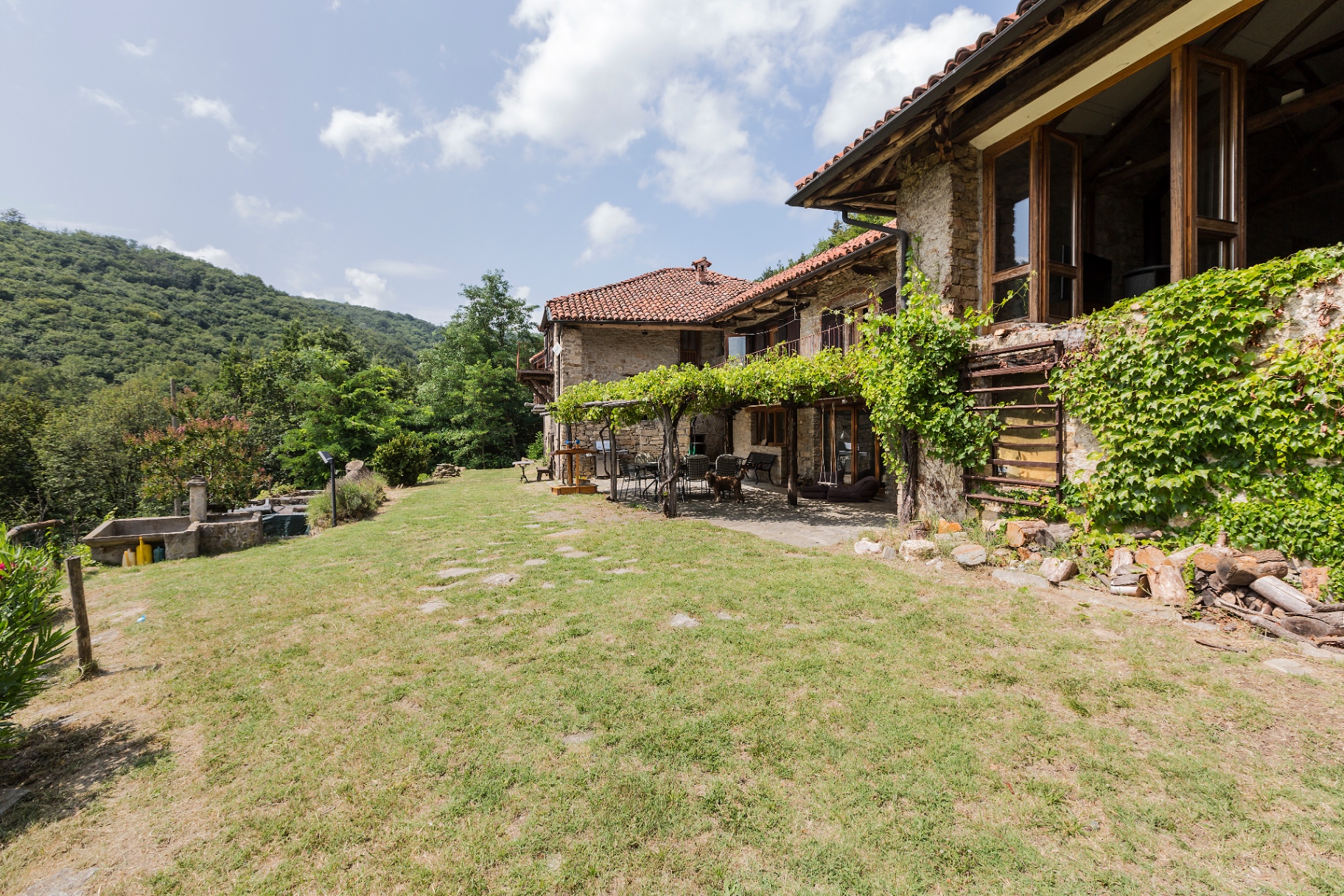 Stone farmhouse on a Langhe hillside, broadleaf forest rising behind